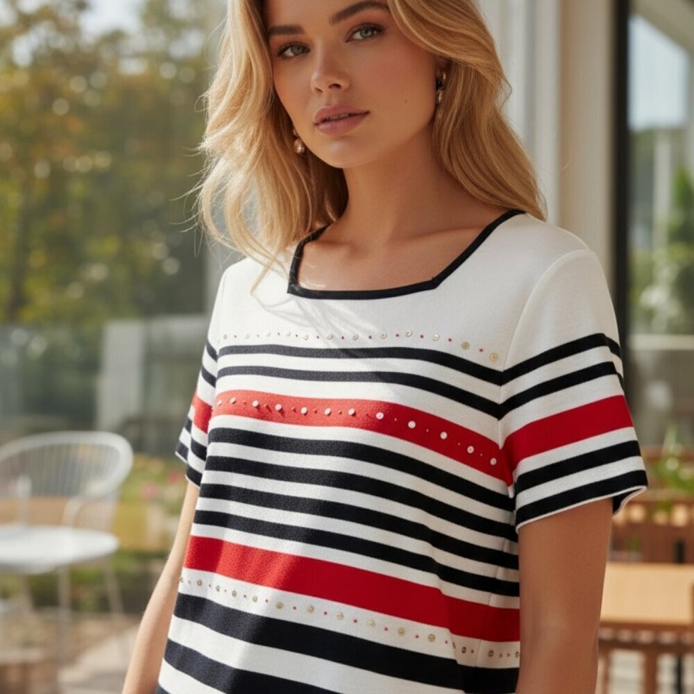 Alfred Dunner Red White Blue Striped Studded Top Size M Nautical Short Sleeve